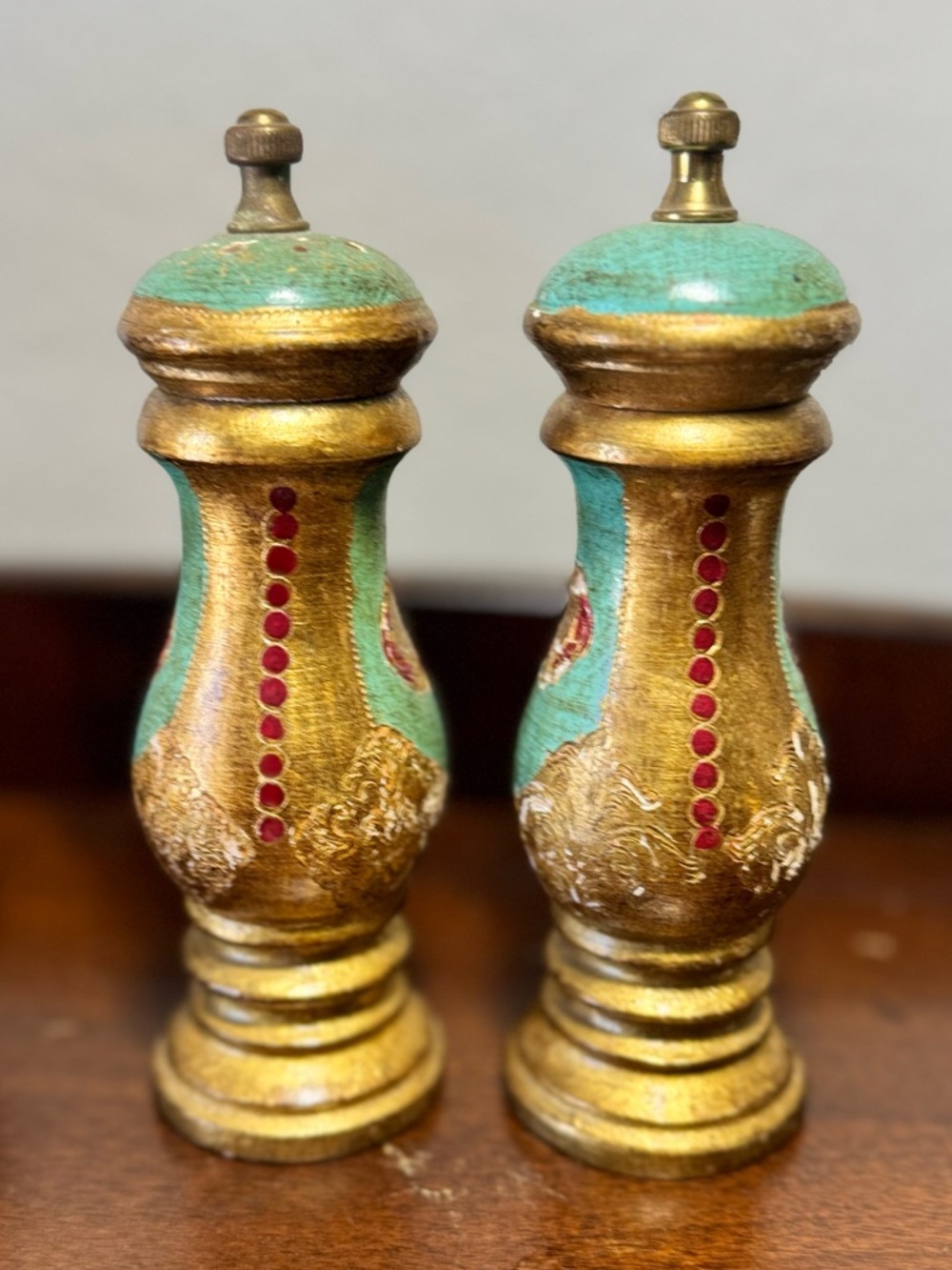 Vintage Florentine Teal Gold Gilt Pepper Mill & Salt Shaker Set- Italy - Picture 5 of 12